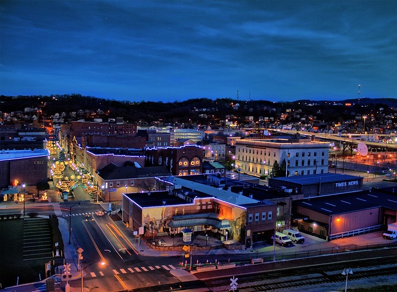 Downtown Cumberland, MD at night.