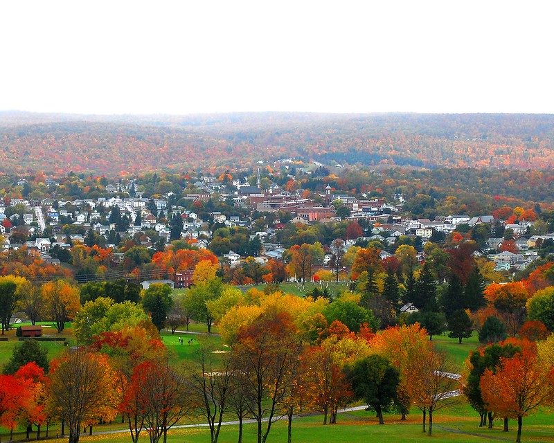 A view overlooking the fall leaves and town of Frostburg, MD.
