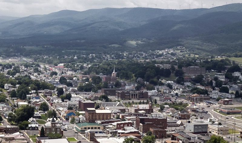 The city of Keyser, WV, nestled up against the mountain.